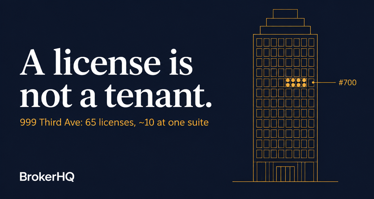 Dark navy header reading "A license is not a tenant." with an amber office tower diagram highlighting a cluster of licenses at suite #700, BrokerHQ