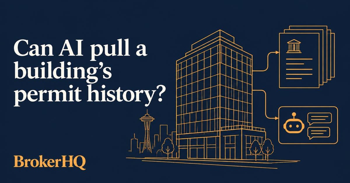 Navy BrokerHQ header reading Can AI pull a building's permit history? with an amber building connected to permit records and an assistant.